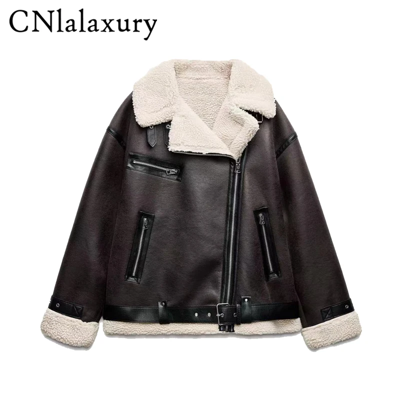 CNlalaxury 2024 Autumn/Winter New Women Fashion Casual Loose Versatile Faux Leather Jacket Coat Female Warm Outerwear