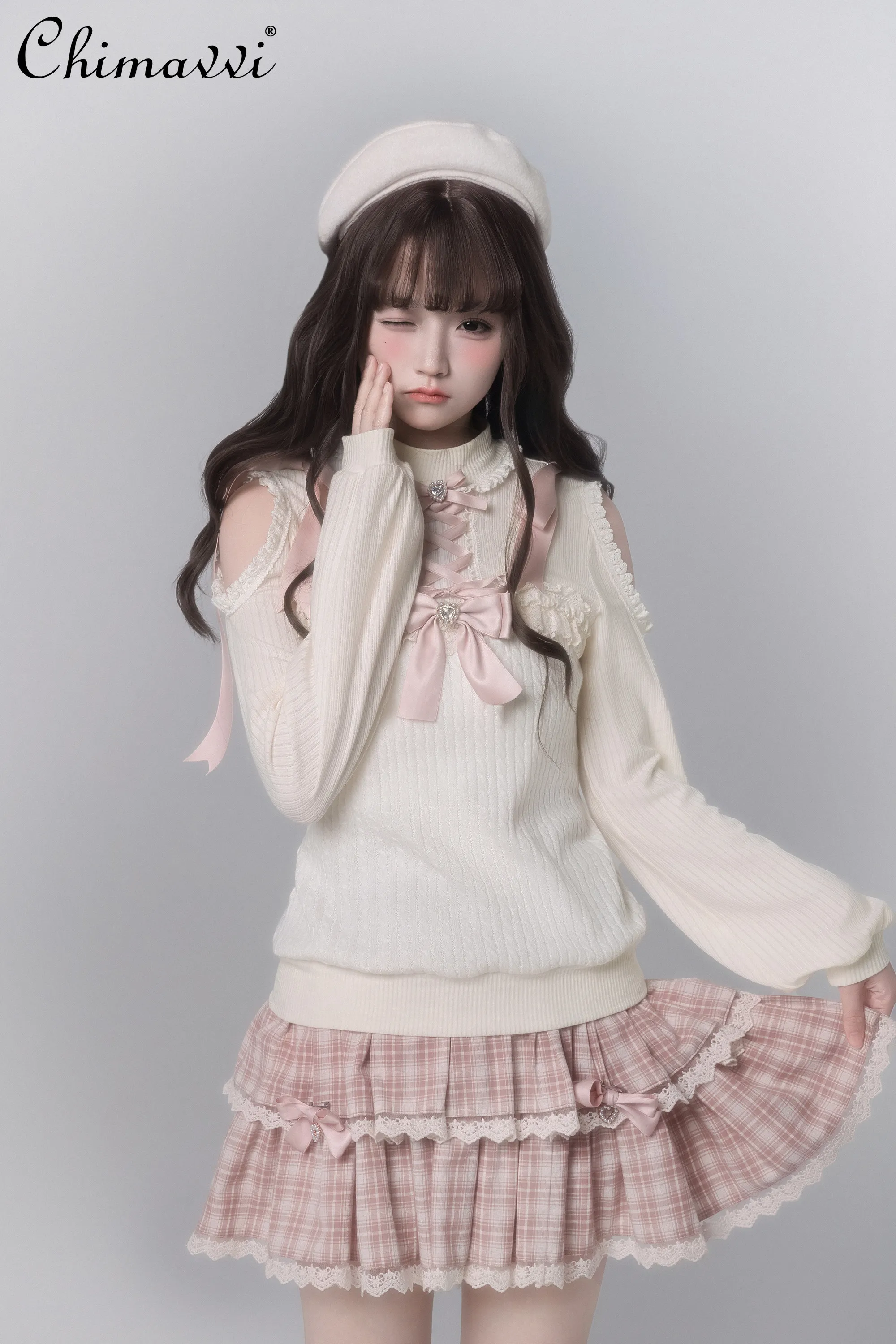 

Original Japanese Sweet Lolita Two-piece Set Cute Bowknot Long-sleeve Knit Top Plaid Pink Midi Skirt New 2026 Spring Autumn