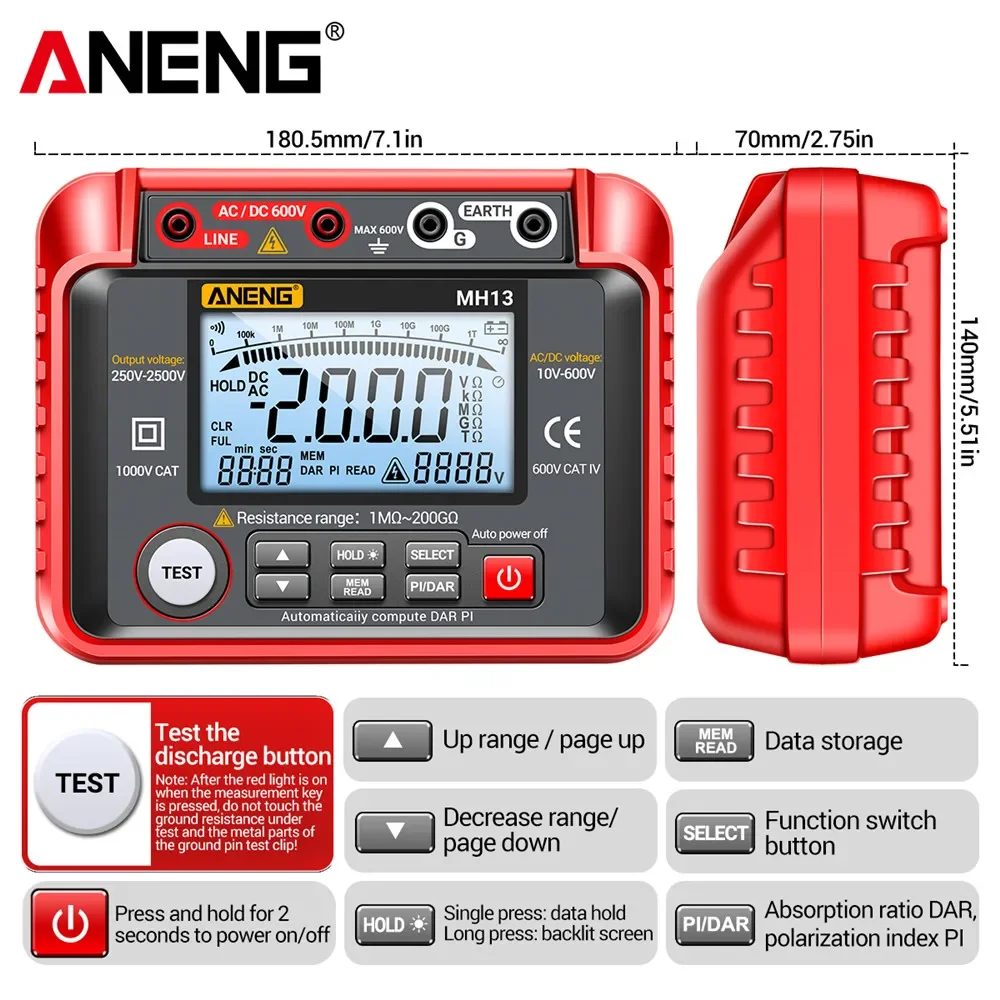 Imagem -04 - Megometro Aneng Mh13 Multímetro Digital Ohm Tester Isolamento Terra Alta Ferramenta de Tensão Tester Medidor de Resistência Megger Megohmmeter