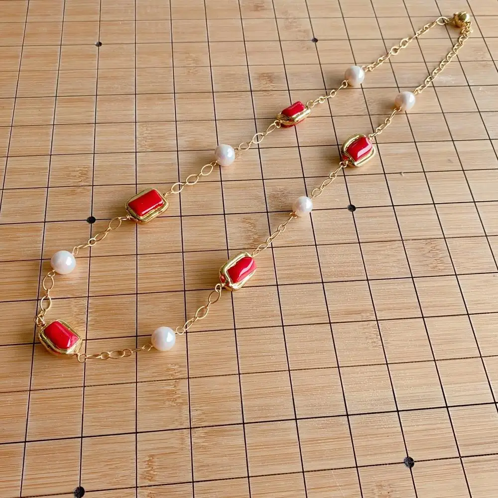 KKGEM  gold plated chain 15x20mm Red Coral natural Freshwater Cultured White Pearl Statetion Long Necklace 30" view 4