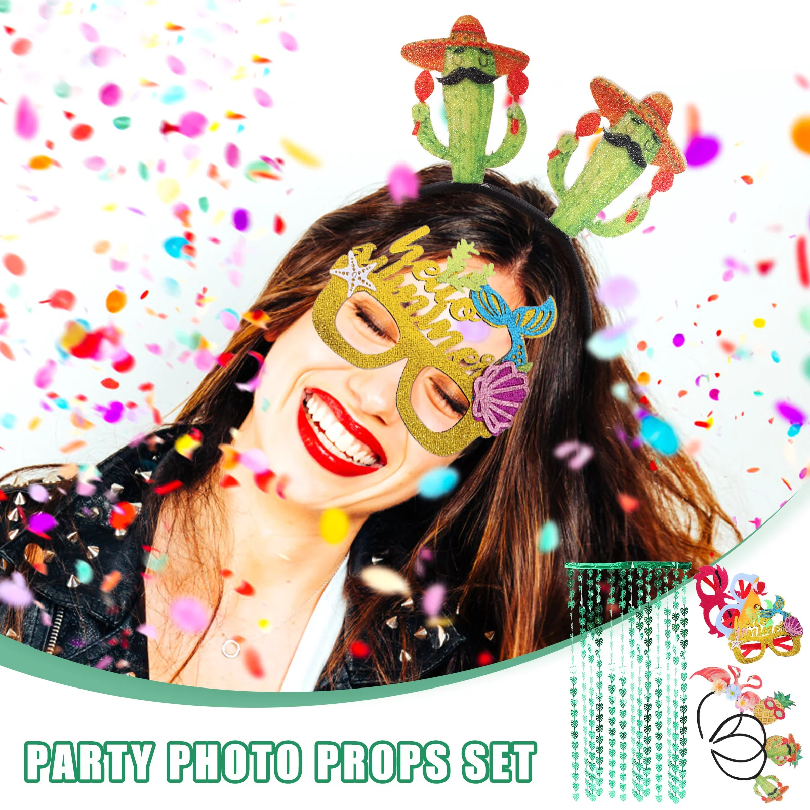 

1Set Hawaii Themed Party Photo Booth Props Funny Eyeglasses Headband Kit Luau Party Fringe Curtain Decorations