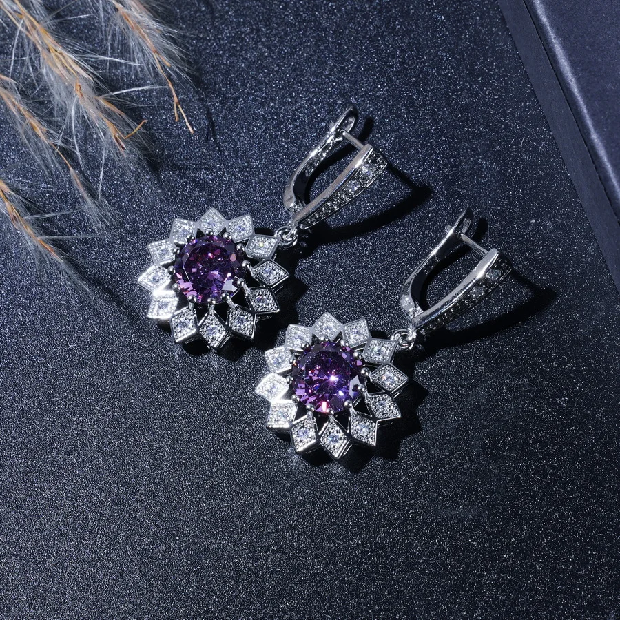 Elegant Purple Zircon Flower Jewelry Set For Women - Includes Bracelet, Earrings, Necklace Ring For Daily Wear & Gifting