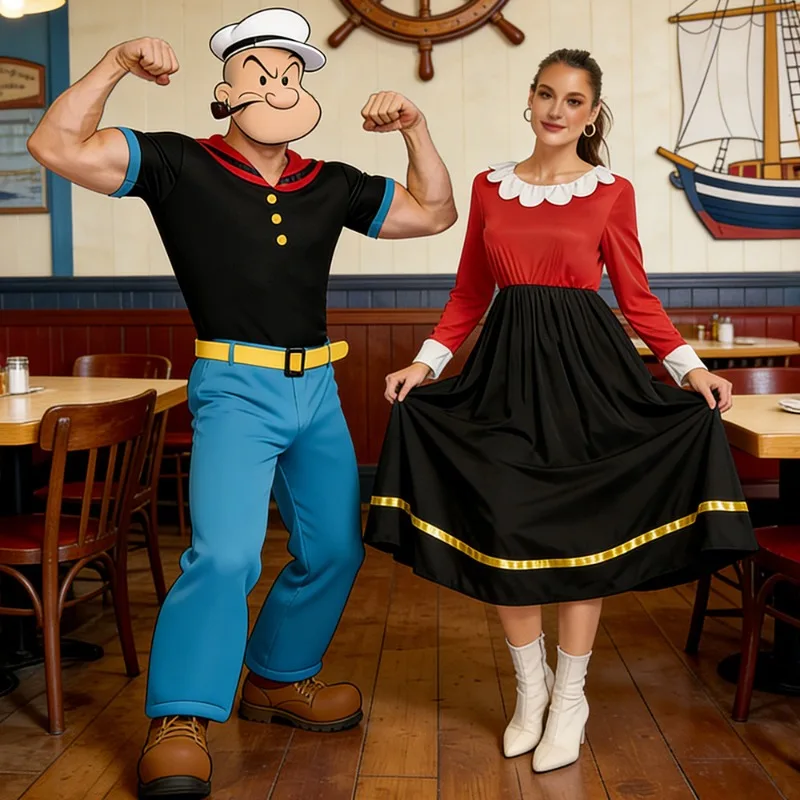 

New Carnival Cosplay Costume Couple Classic Cartoon Popeye Suits Retro Theme Party Role Playing Outfits for Adult Women Men