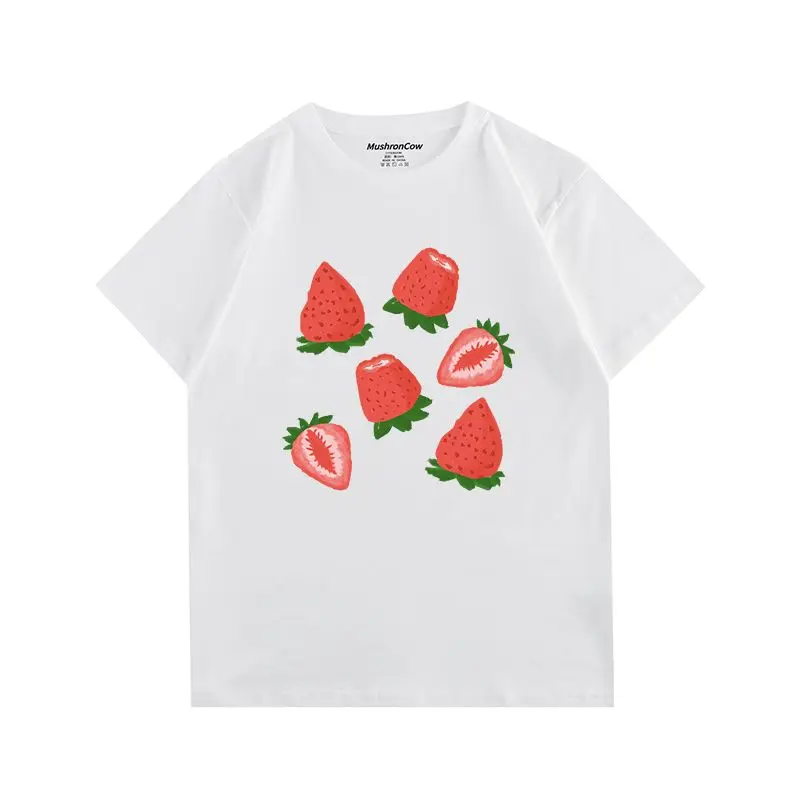 

The New American High Street Strawberry Printing Loose and Comfortable Leisure Short Sleeve T-shirt Lovers Men and Women