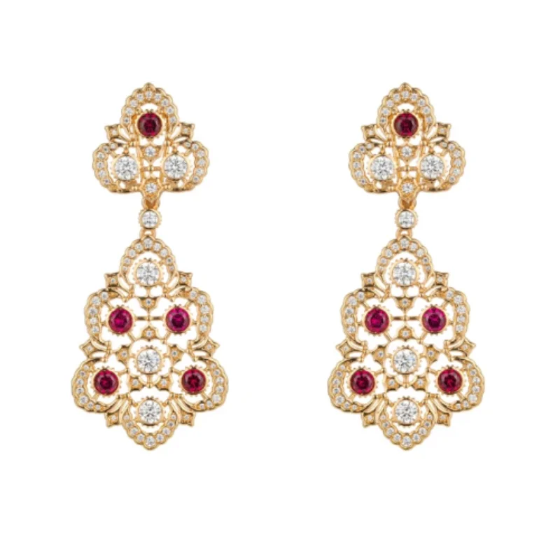 Bellux Vintage 925 Silver Drop Earrings Round Ruby Cubic Zirconia Hollow Filigree Dangle Earrings Wedding Bridal Bridal Jewelry