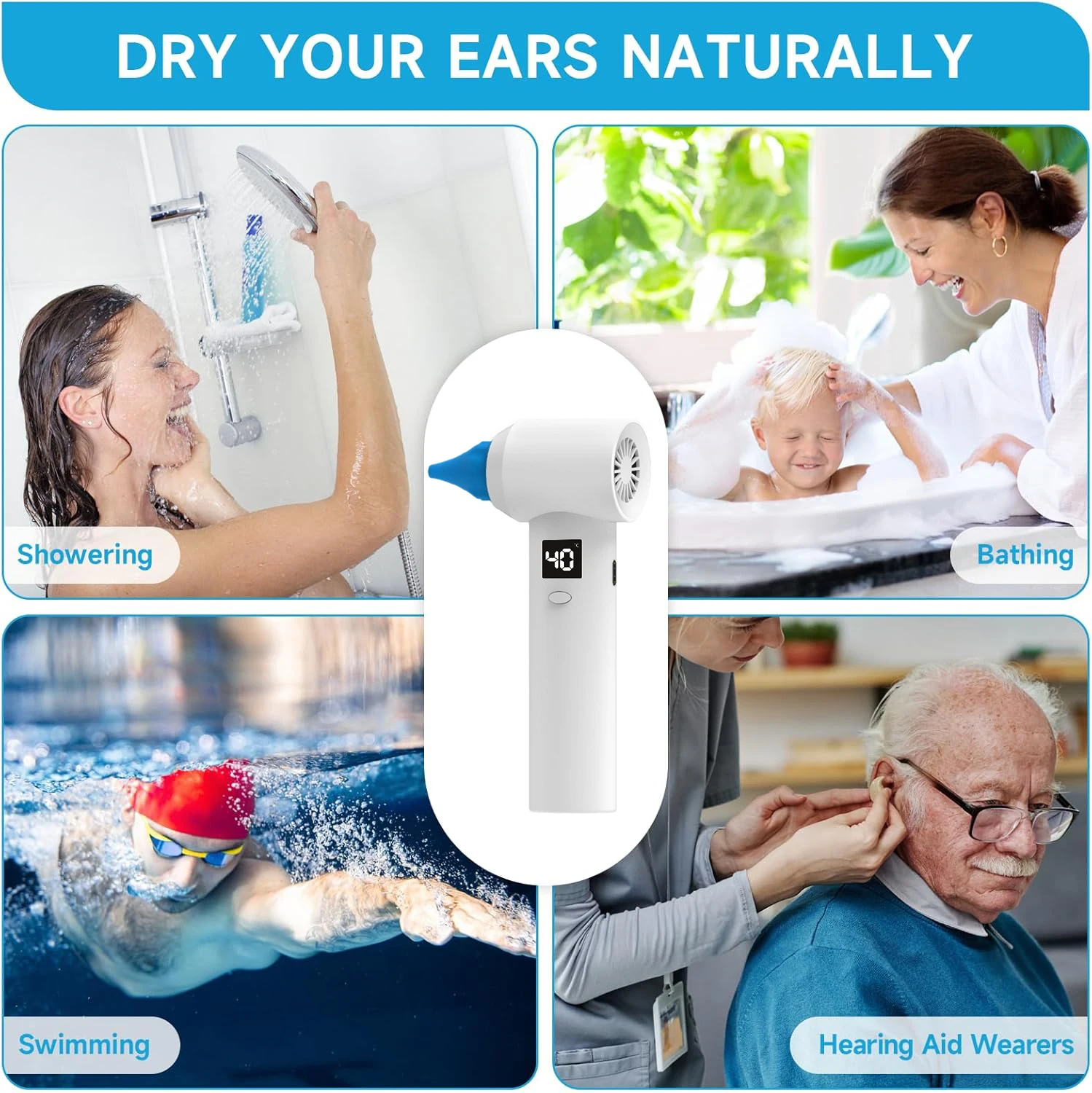 Smart Ear Dryer with LED Display Rechargeable Ear Cleaner Ear Water Remover Red Lighting Care for Swimming Showering Bathing