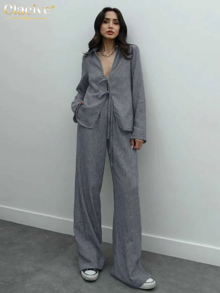 

Clacive Fashion Loose Gray 2 Piece Sets Women Outfit 2025 Sexy Long Sleeve Lace-Up Shirt With High Waist Wide Pants Set Female