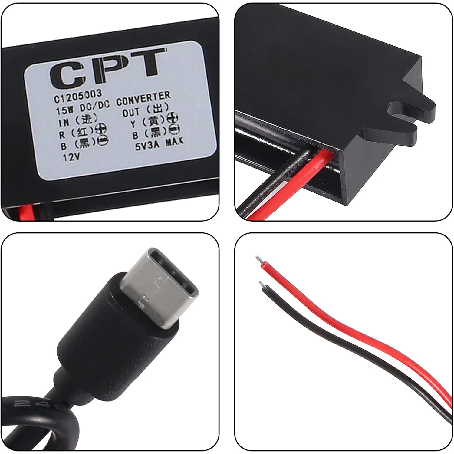 DC Converter 12V/24V to 5V 3A 15W DC Buck Converter Module Type-C USB Power Adapter for Raspberry Pi 4, Cellphone, Car