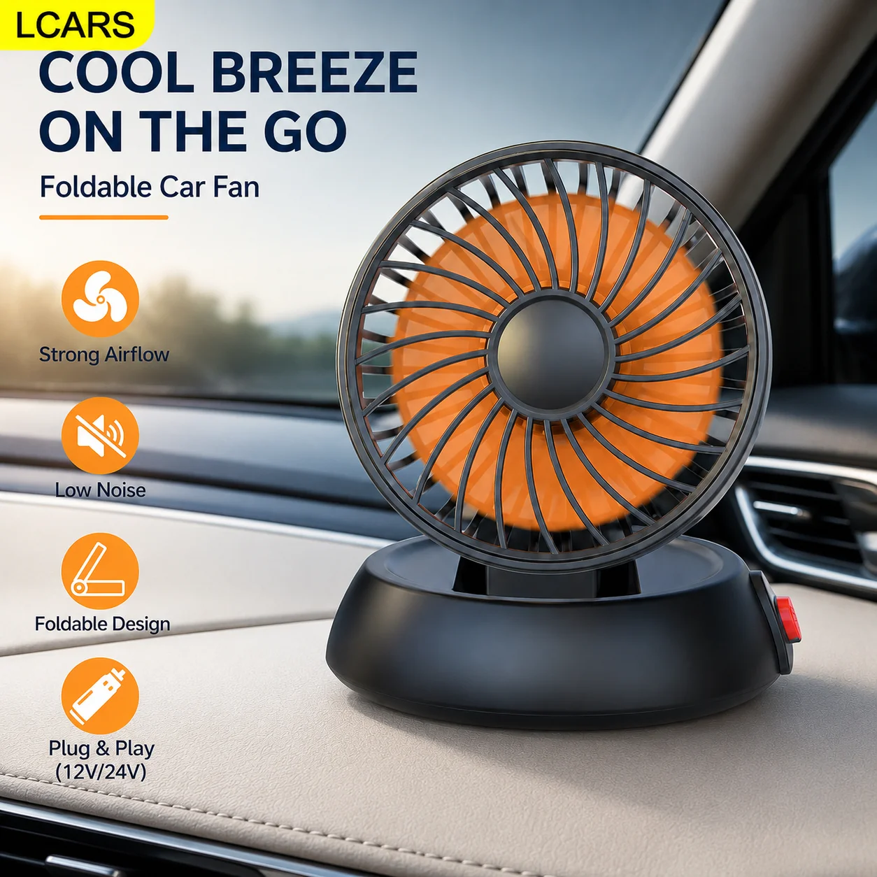 Image of Lcars Auto-Armaturenbrett-Ventilator, Zigarettenanzünder-betriebener faltbarer kleiner Ventilator, geräuscharm, starker Wind, Auto-Kühl- und Wärmeableitungsventilator