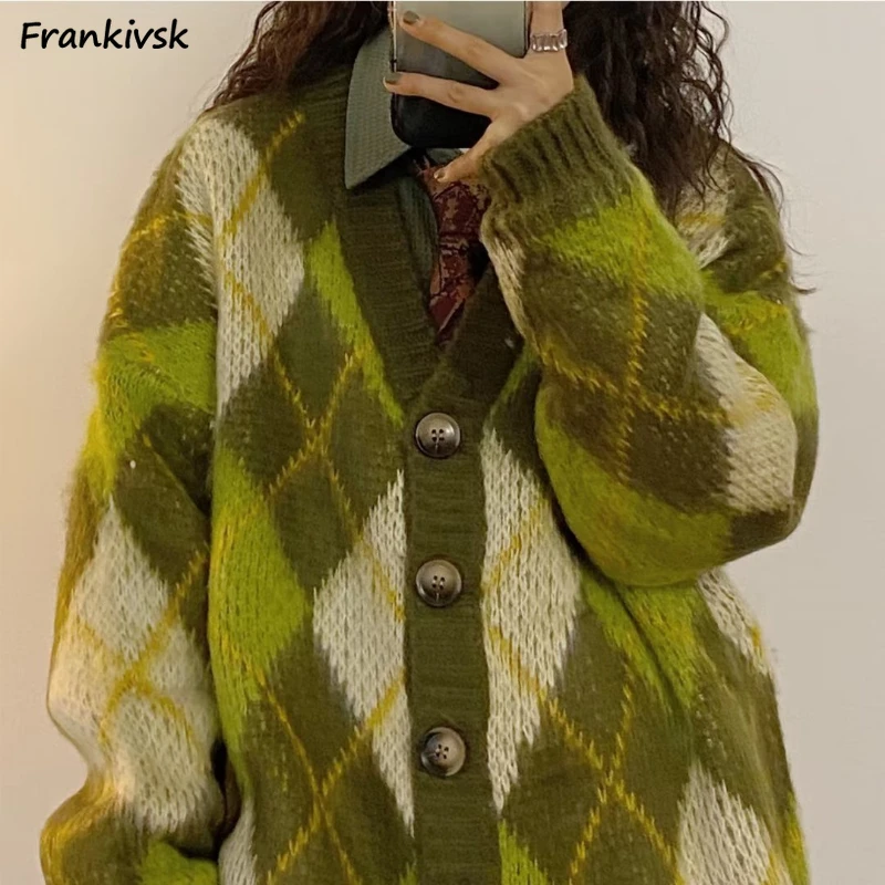 

Cardigan Women High Street Vintage Chic Ladies Knitwear All-match Japanese Style Popular Winter Argyle Baggy Fashion College New