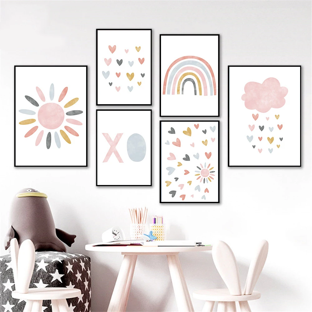 Child Canvas Print Pink Cartoon Cloud Sun Rainbow Wall Art Painting Nursery Poster Nordic Wall Pictures For Baby Kids Room Decor