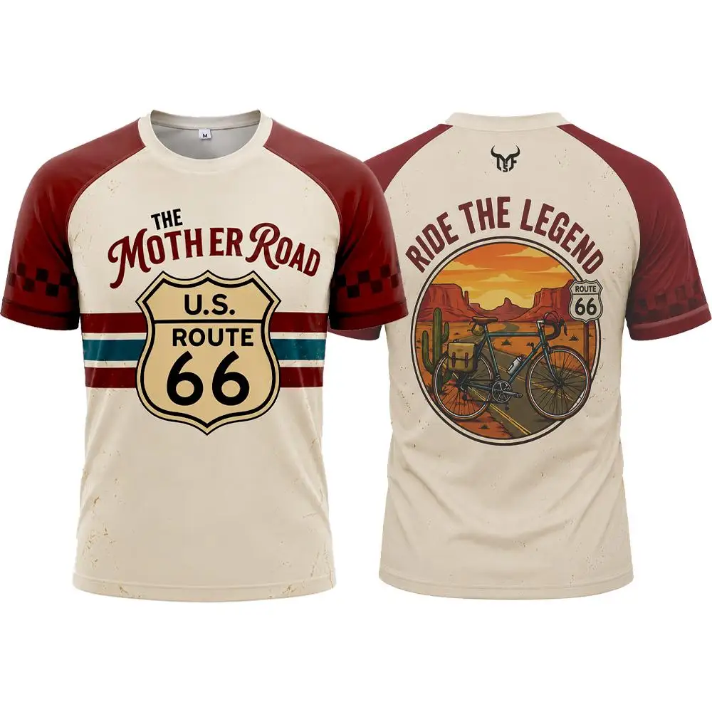 Route 66 Vintage Road Trip T Shirt Retro Cycling Graphic Tee Outdoor Adventure Travel Casual Summer