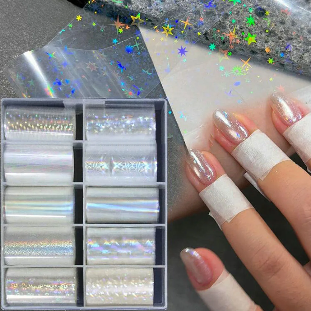 10 Rollen klare Laser-Aurora-Nagelfolien-Aufkleber, schillerndes holografisches Glas, Fragment-Transferfolien-Abziehbilder, 4 x 50 cm, Nageldekoration – Detail 2