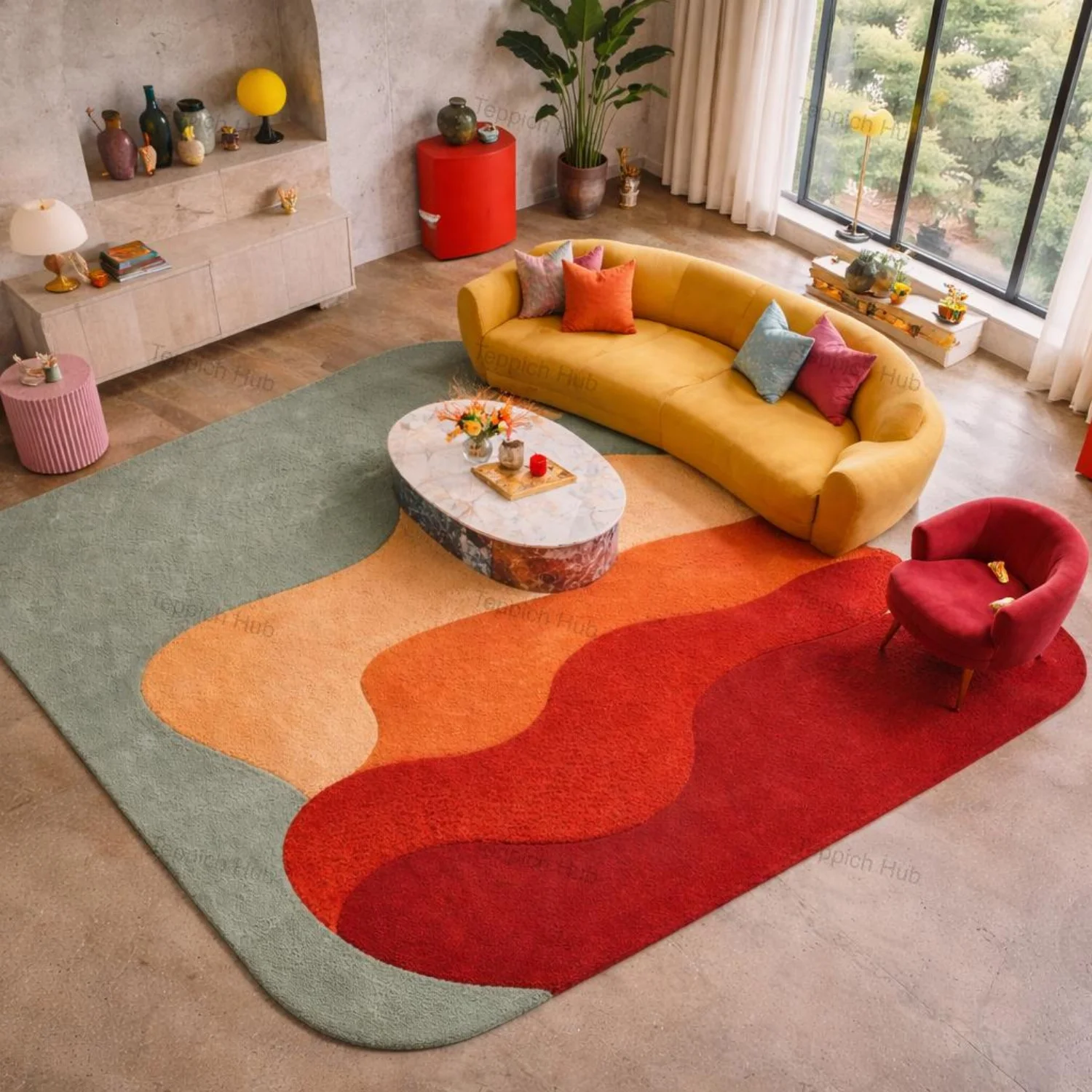 Room Decor Rug  Orange Green R Mid Century Shag Rug  70s Abstract Area Carpet, Vintage Plush Floor Mat for Living Room  Boho DE1cor