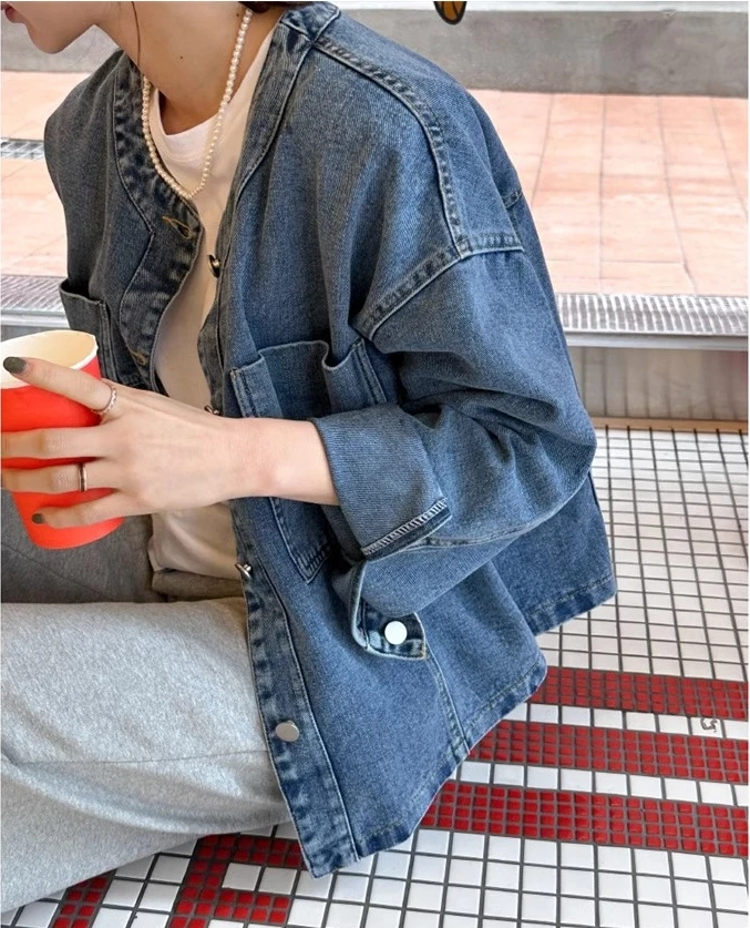 

Retro Waed Loose Fit round Ne Denim Jaet Women's Faion Versatile Straight Leg Jaet Cotton Casual Commute Sle