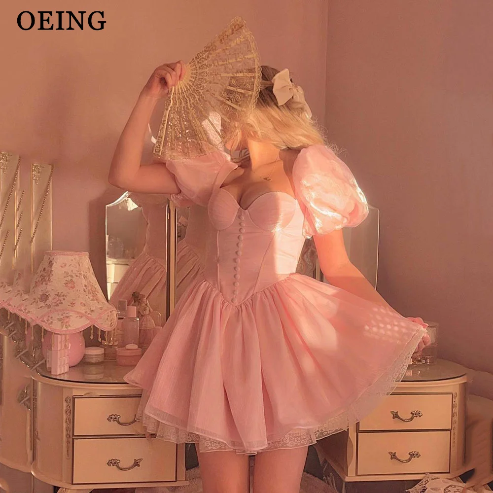 

OEING Princess Short Pink Party Prom Dresses Pretty Puff Sleeves Sweetheart Lace Organza Mini Fairy Homecoming Dress Summer