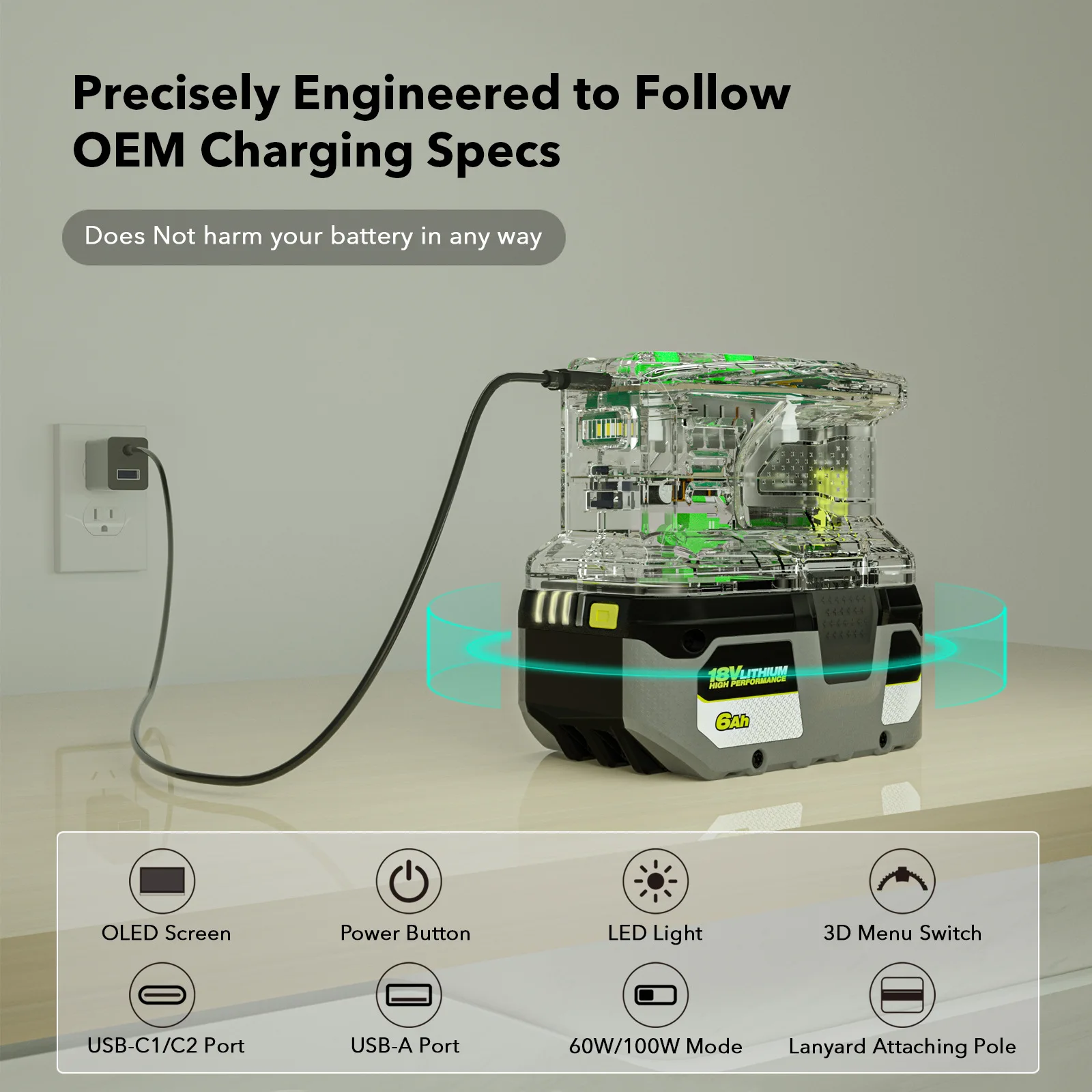 100W Fast Charger Recharger for RYOBI 18V ONE+ Li-ion Battery, Two-Way USB Port & Portable Power Source for Phone Laptop