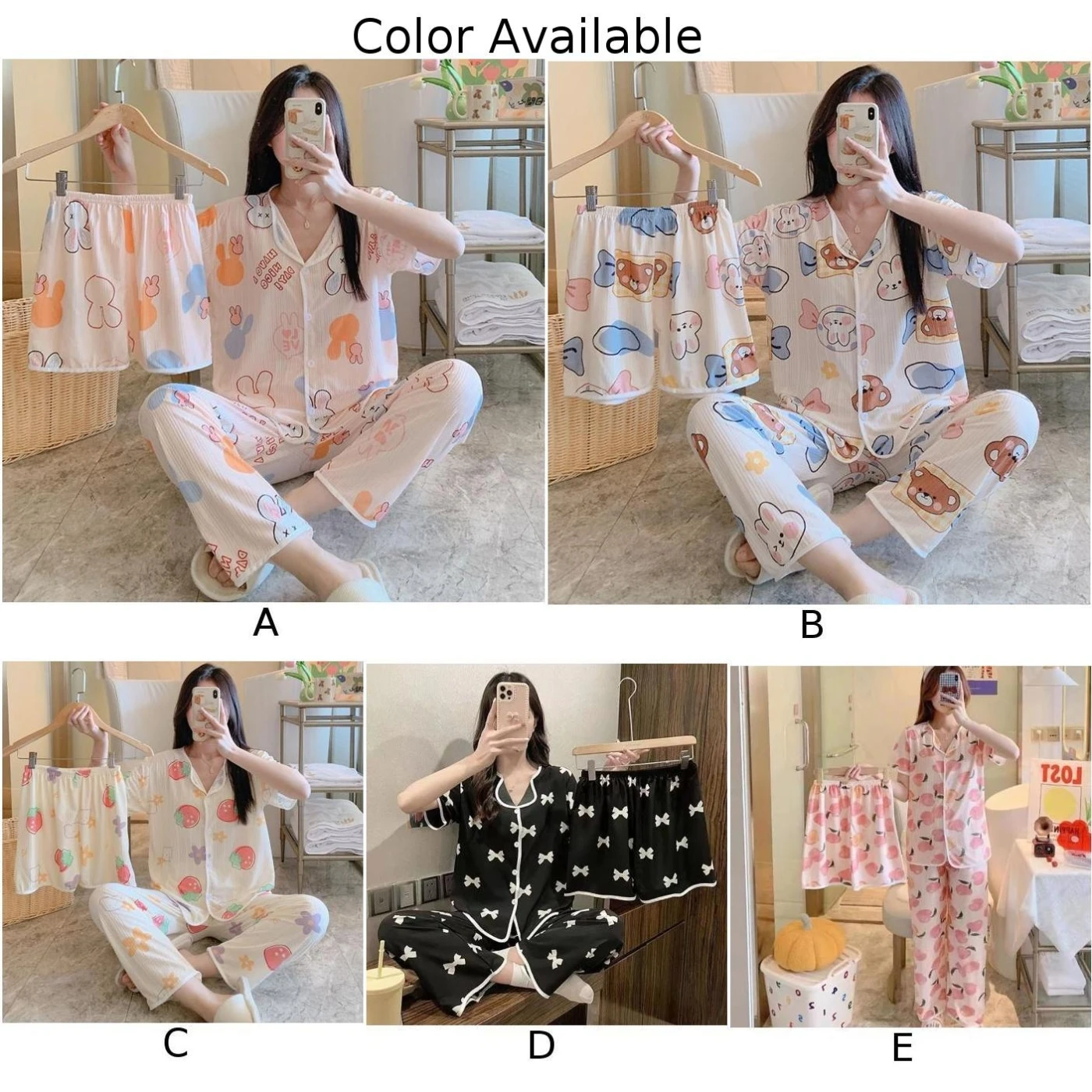 Trendy Women Pajama 3 Piece Outfit featuring Cute Cartoon Bow Design Comfortable Short Sleeve Top paired with Long Pants