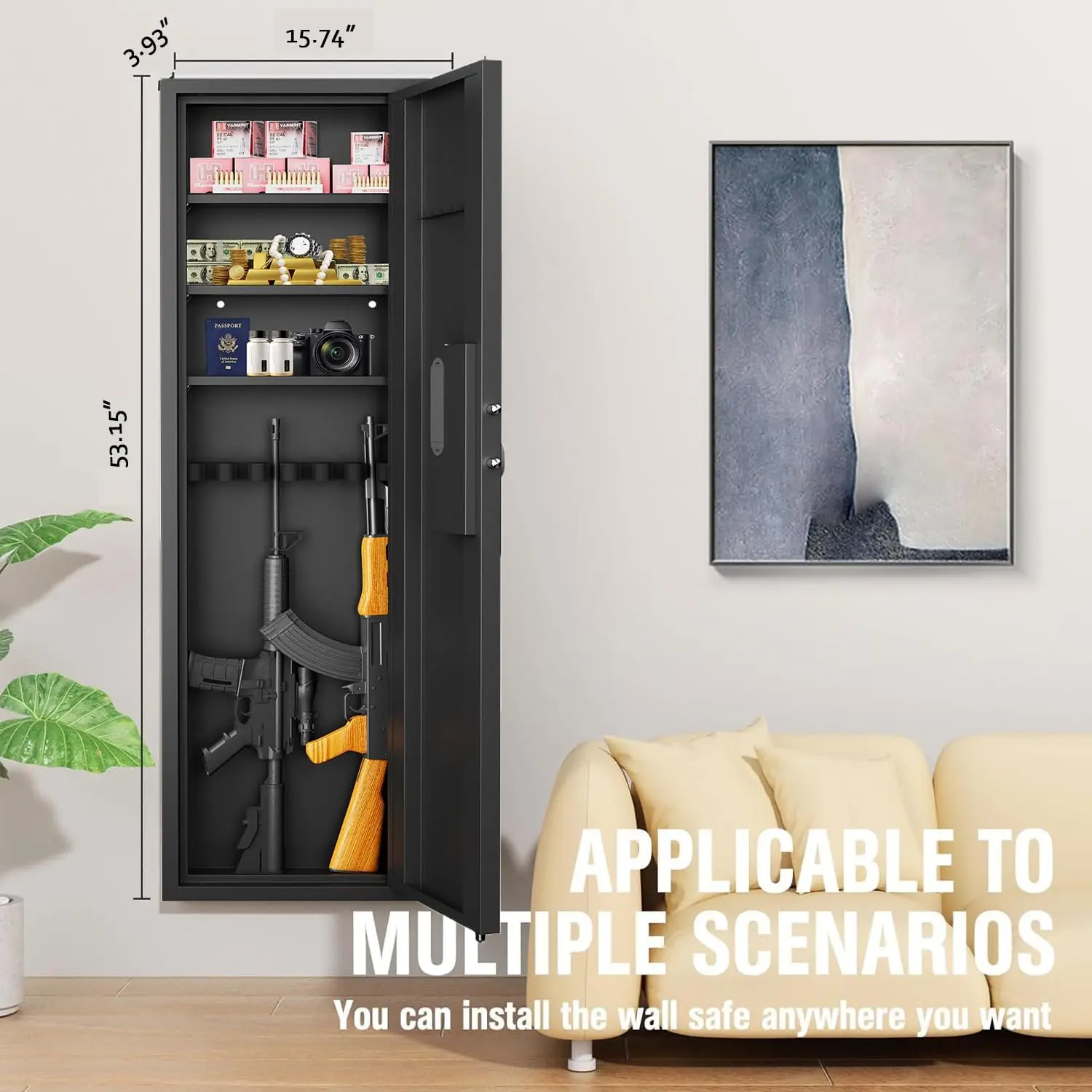 53" Wall Gun Safe Between the Studs, Hidden Flush Wall Safe with Adjustable Shelves,Assembled Rifle Gun Safe for Storage Firearm