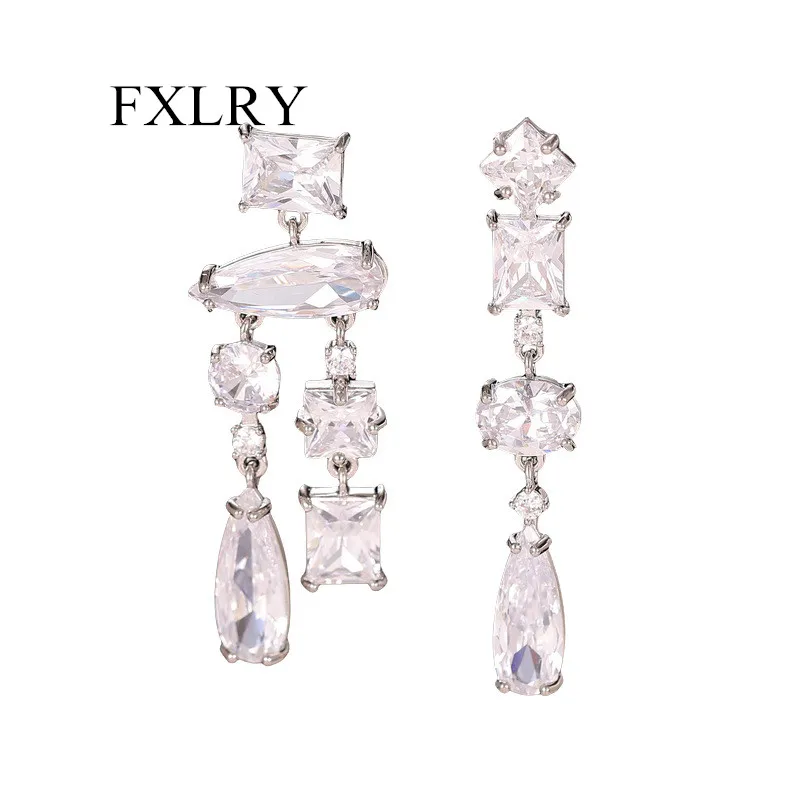 FXLRY French Design Sense AB Asymmetrical Earrings Transparent Geometric Zircon Earrings For Women Wedding Jewelry