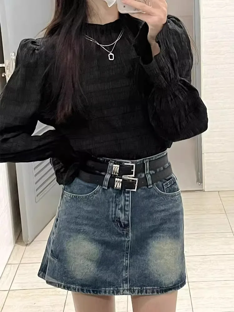 تنورة عالية الخصر على شكل حرف a للسيدات من قماش الدنيم تنانير مثيرة للتنابق الكورية Sle للتنقل بقصة ضيقة منتظمة ورقيقة لصيف 2025