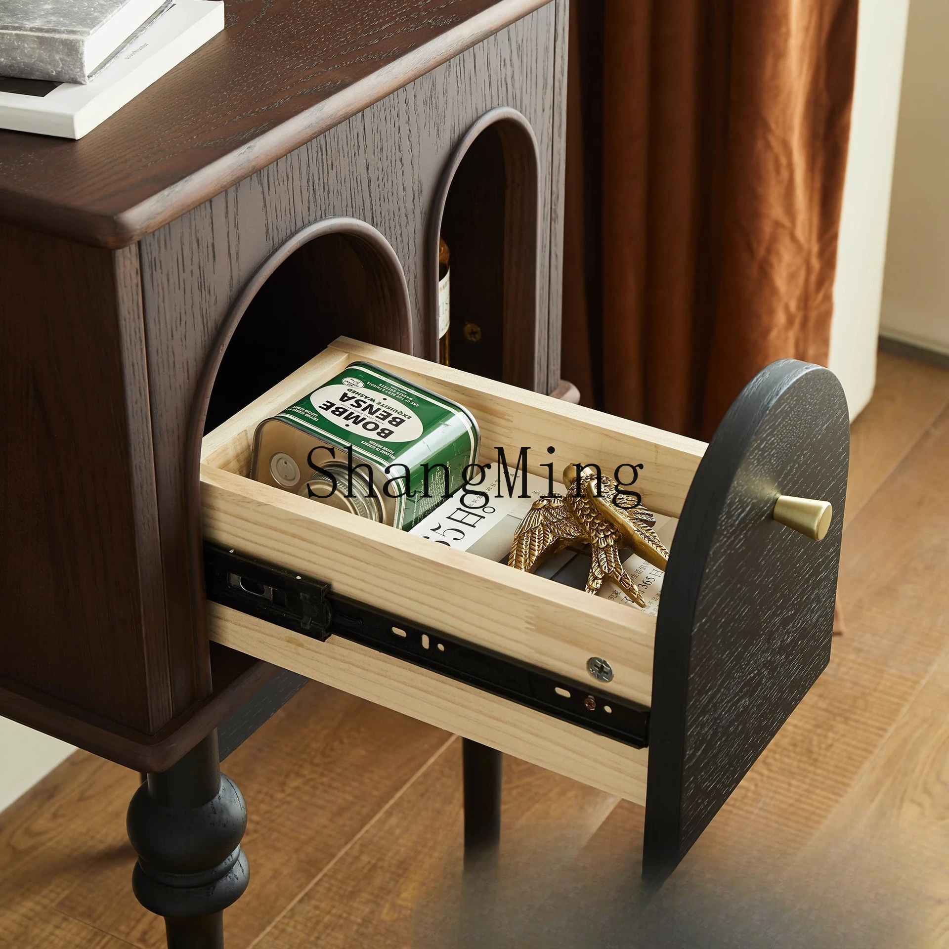 

FG small apartment living room bedroom home antique black sofa narrow sideboard vintage pure solid wood bedside table