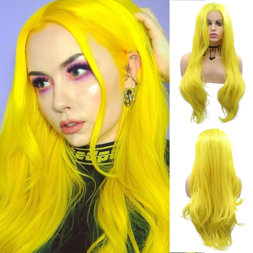 Yellow Front Lace Wigs  Deep Mid Part Long Microwave Curly Hair 24 Inches 150 Density  Heat Resistant Fiber Party or Cosplay