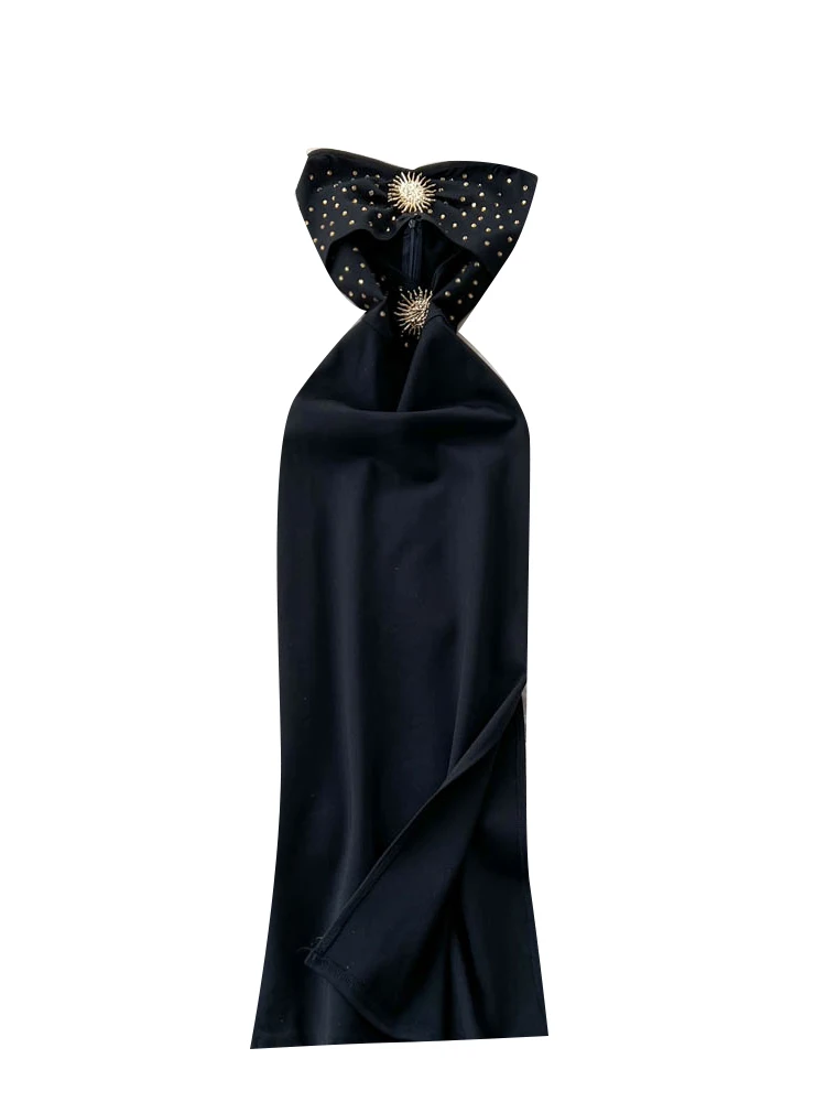 Acoria estiva in metallo impreziosita design scavato Bellissimo desiderio puro Abito lungo sexy con spalline da donna Gonna a trapezio