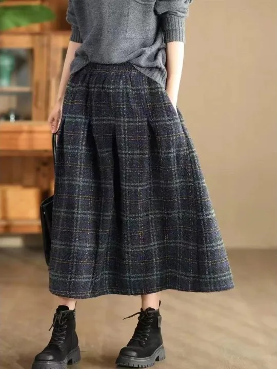 Authentic Autumn Winter Woolen Plaid Midi Skirt Women's High Waist A-Line Skirt Commute Friendly Health Fabric Cotton Blend