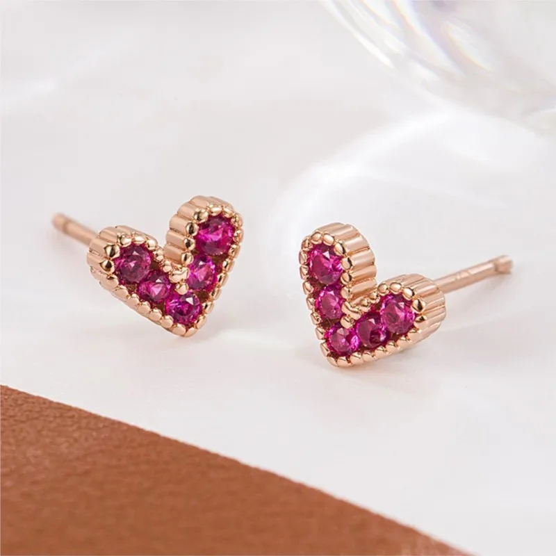 ANENJERY Rose Pink Love Zircon Heart Stud Earrings for Women Vintage Romatic Trendy Jewelry Accessories