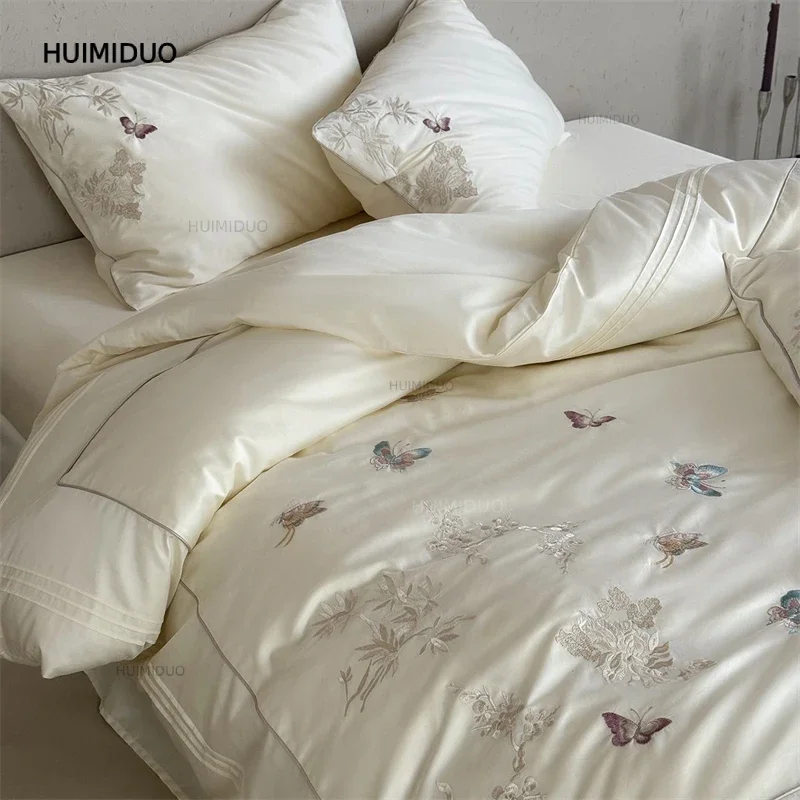 1000TC Egyptian Cotton Butterfly Flowers Embroidery Luxury Bedding Set Duvet Cover Flat/Fitted Bed Sheet Pillowcases 4Pcs