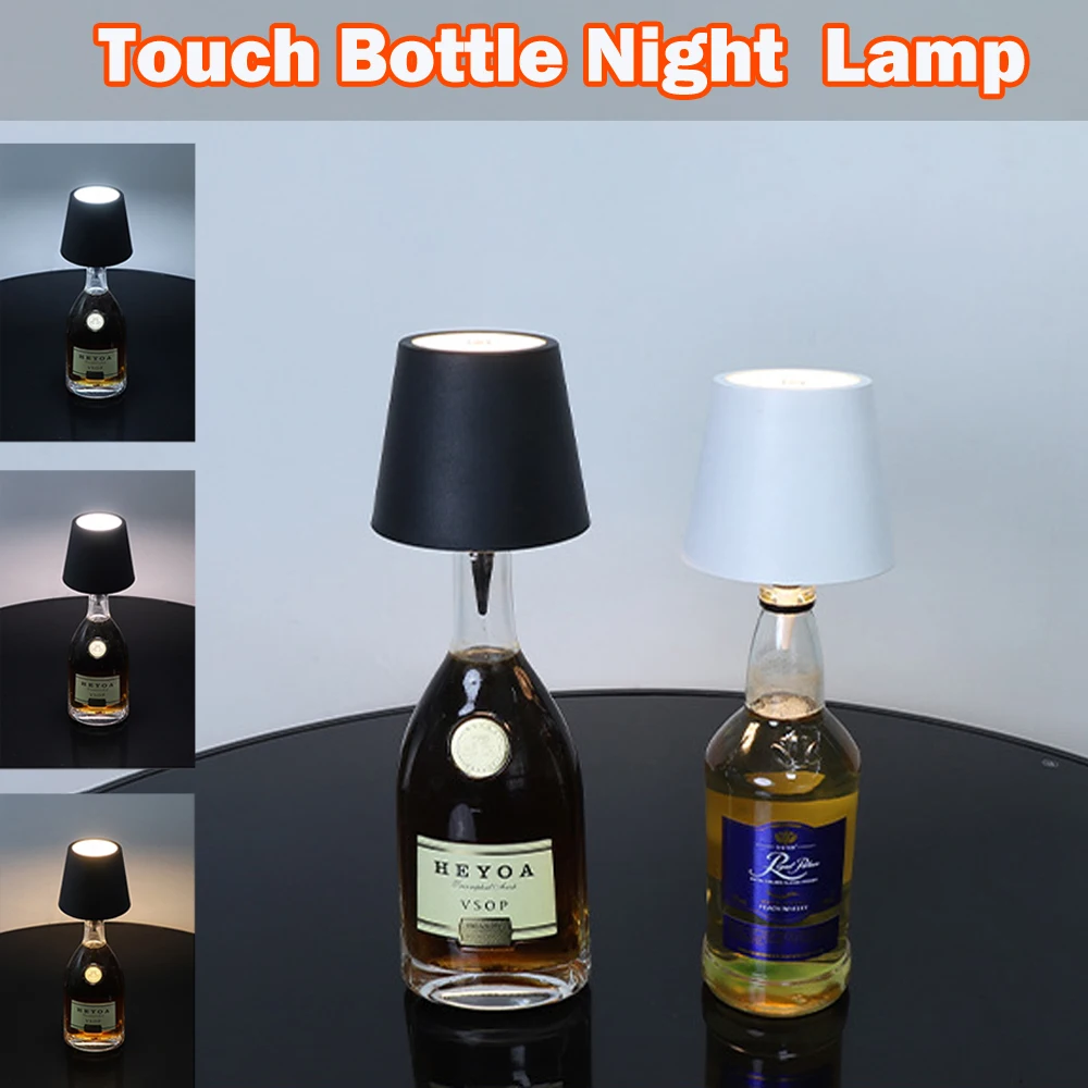 Wireless Bottle Table Lamp Touch Control of 3 Colors and Stepless Dimmable Desk Night Lamp for Bar Wine Bottles Vases Light