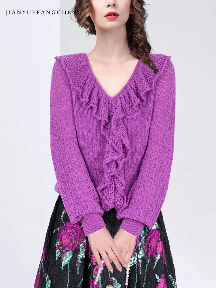 2024 Autumn Women' Ruffle Knitted Sweater Top Loose Long Sleeve V-Neck Stretching Purple Pullovers Casual Wool Sweaters