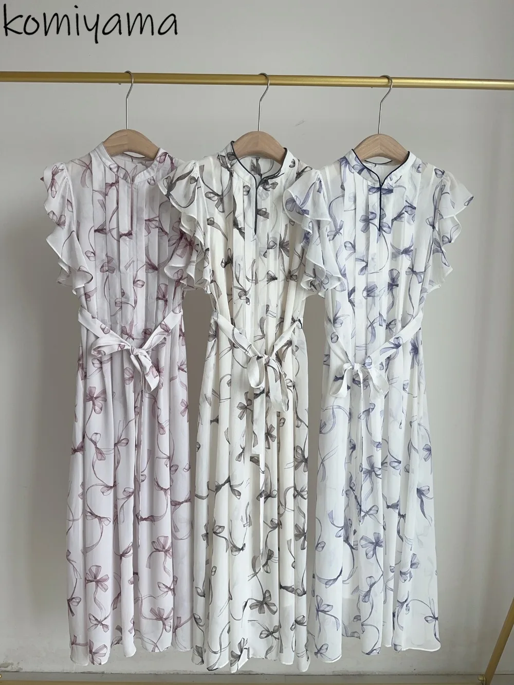 

Japan Style Lace-up Tunic Dress Fungus Bow 2025 Vestidos Sweet Print Dresses Woman Chic Pleated Robe Summer New Ropa Mujer