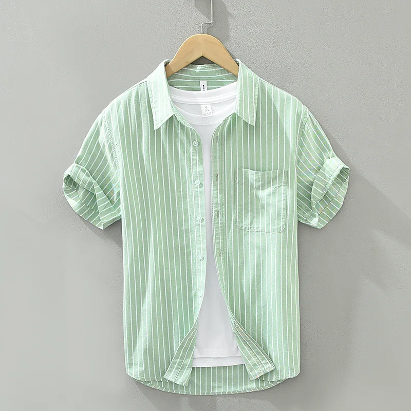 

Ox Weave Stripe Fre ort Sve Cotton irt Men Summer Loose Fit Versatile f Sve irt Japanese Sle Casual irt