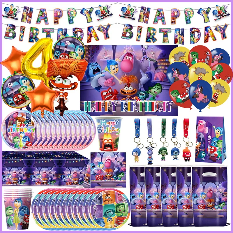 New Disney Inside Out 2 Birthday Party Decoration Supplies Kit Inside Out Backdrop Glasses Paper Plates Cups Napkins Balloon Set