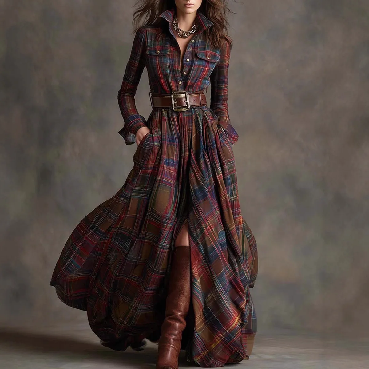 

Retro Plaid Print Dresses Autumn Elegant Casual Turn-down Collar Button Shirt Maxi Dress Woman Long Sleeve Pocket Boho Dress