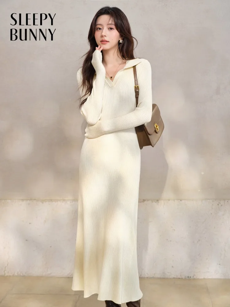 

Elegant Slim Fit Knit Dress Women Winter Long Sweater Dress with Collar Ribbed Waist A-Line Bodycon Maxi Outfit for Daily Wear