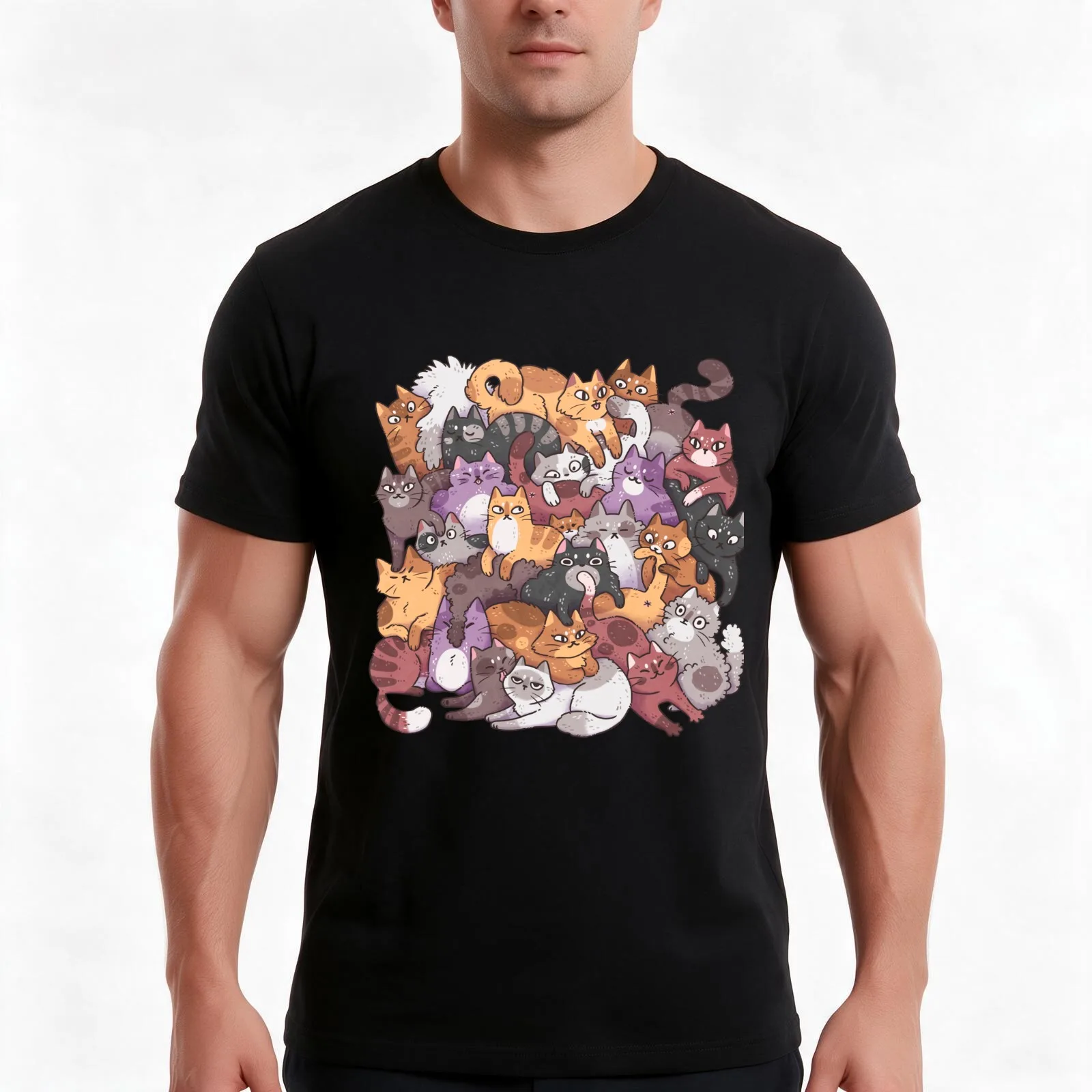 Pile of Kittes T-Shirt, Summer Casual Cotton Tee, Oversized Streetwear Tops, Vintage Graphic Print, Loose Fit Short Sleeve