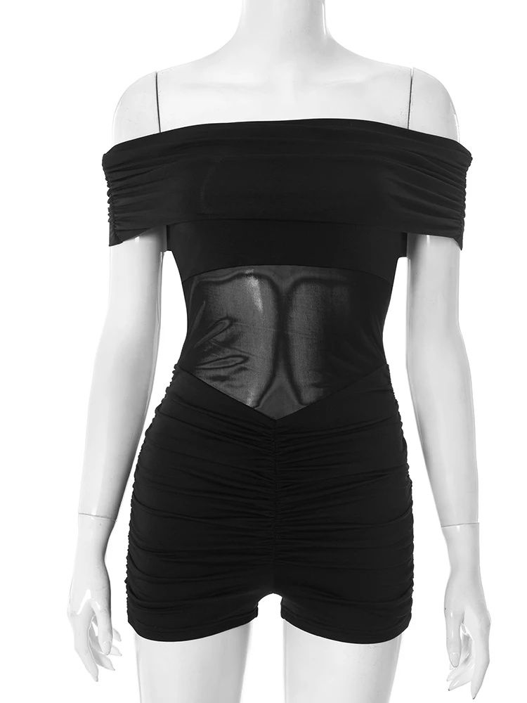 Nibber مثير Ruched مائل الرقبة رومبير المرأة الخوخ الأرداف الصيف الاتجاه المرقعة أنيقة منتصف الليل كلوبوير Coquette Playsuit