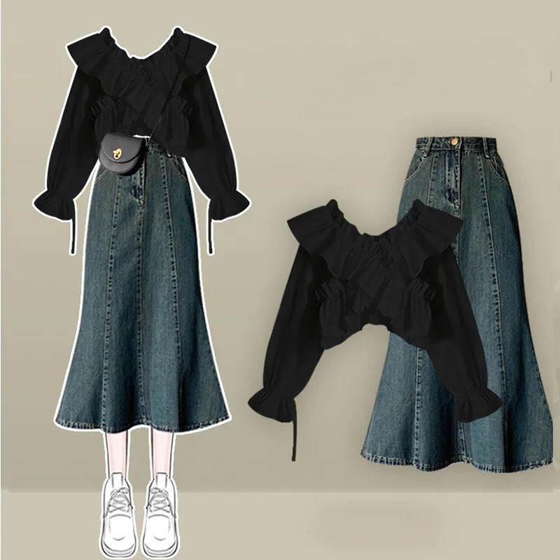 Spring Set Women\'s 2024 New Korean Design Cross Shirt Covering Meat and Slimming Denim Skirt Two-piece Set Skirt Sets Mini Skirt