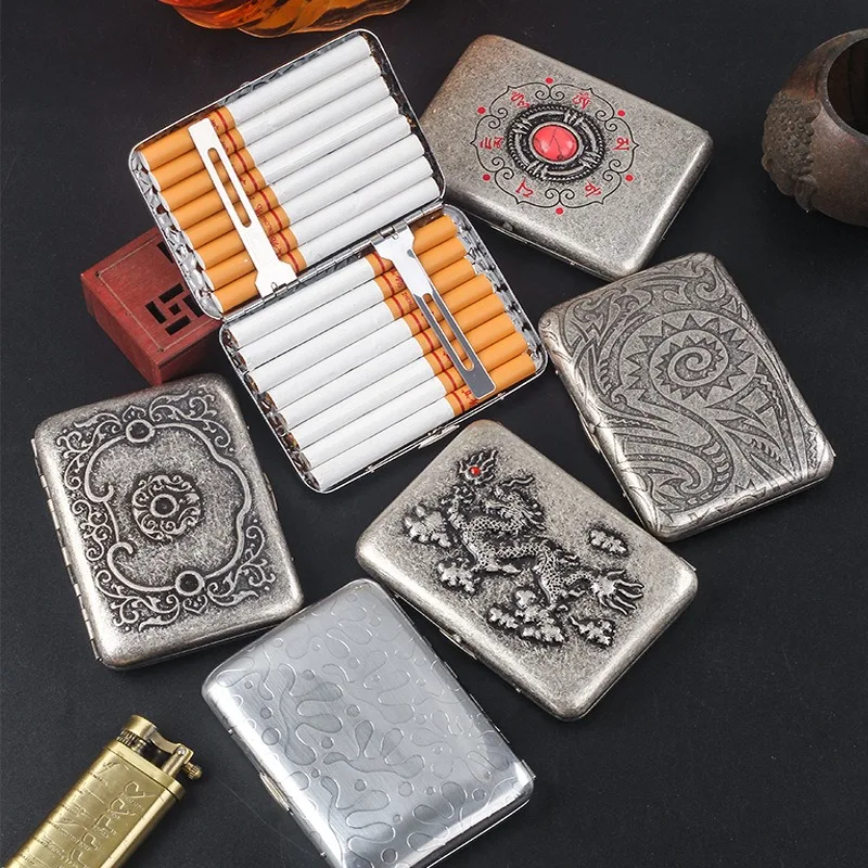 Metal Cigarette Case Box, Silver Color Double Sided King Cigarette Case Etched Design for Regular Size Cigarettes Women