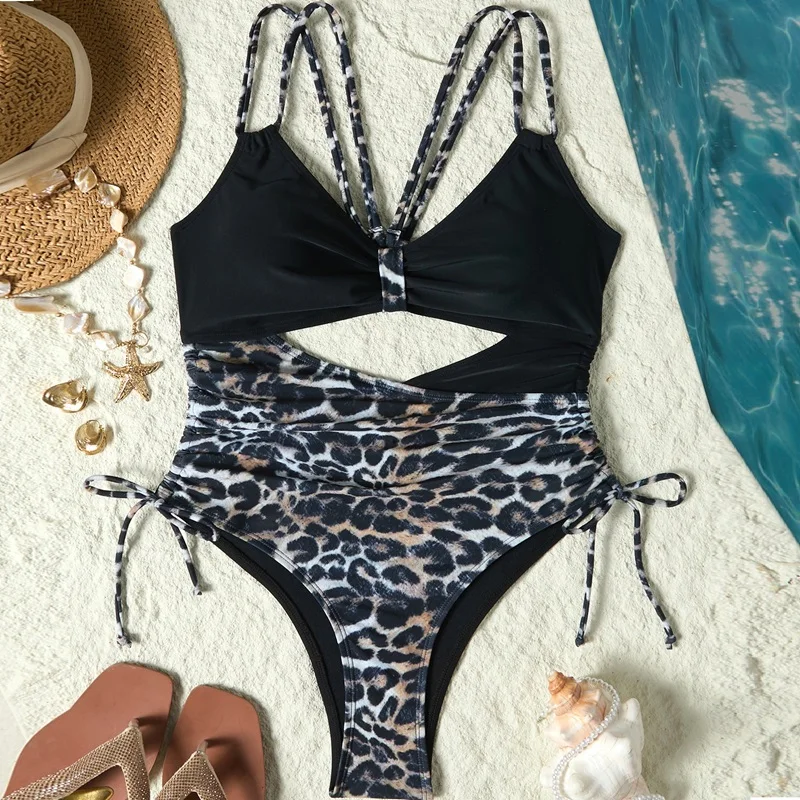 

Patchwork Swimwear Leopard Women's One-Piece Swimsuit Sexy Cross Back Tummy Control Bathing Suit Hollow Out Beachwear 2026
