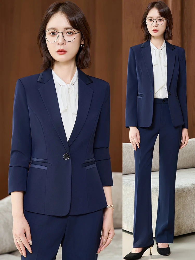 Blue Suit Set for Women Elegant Professional High-End Small Size Western Coat Commute Interview Work Scenarios Polyester Fiber