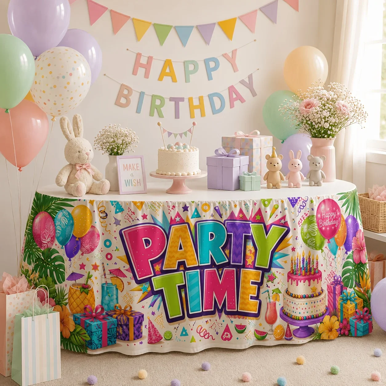 Tablecloth table skirt 1 piece Polyester tropical party time birthday cake balloon gift box YZB
