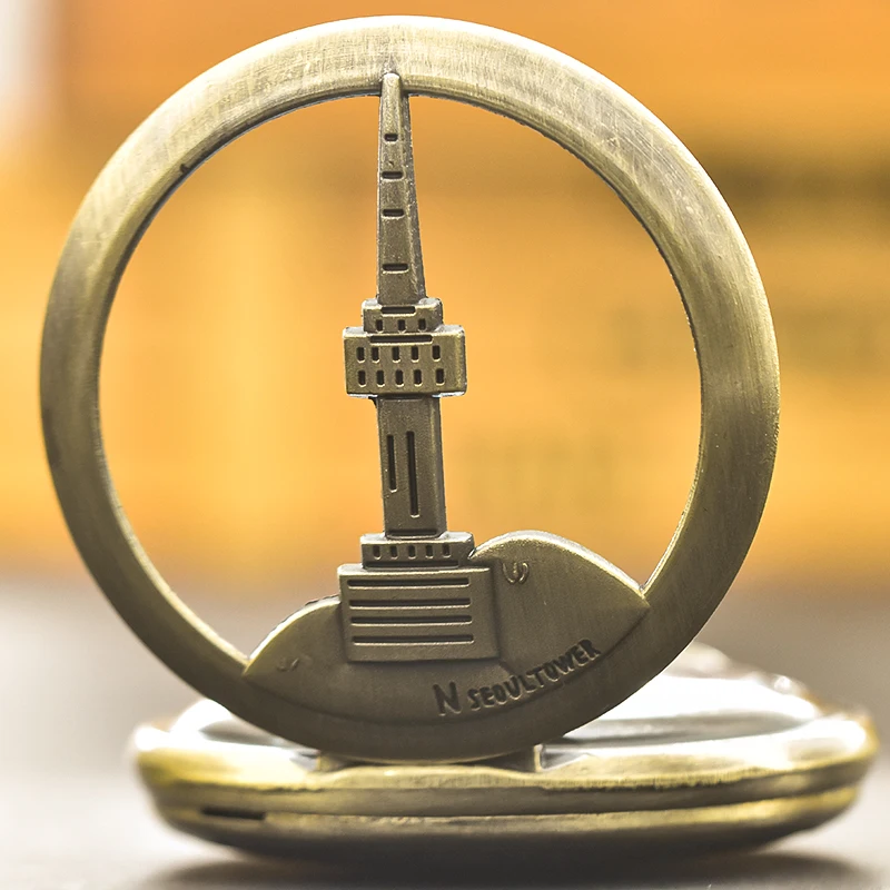 Montre de Poche Vintage en Bronze et à Quartz, Pendentif de Décoration, Collier de Bâtiment de Chine, Séoul, Taipei, Cadeau