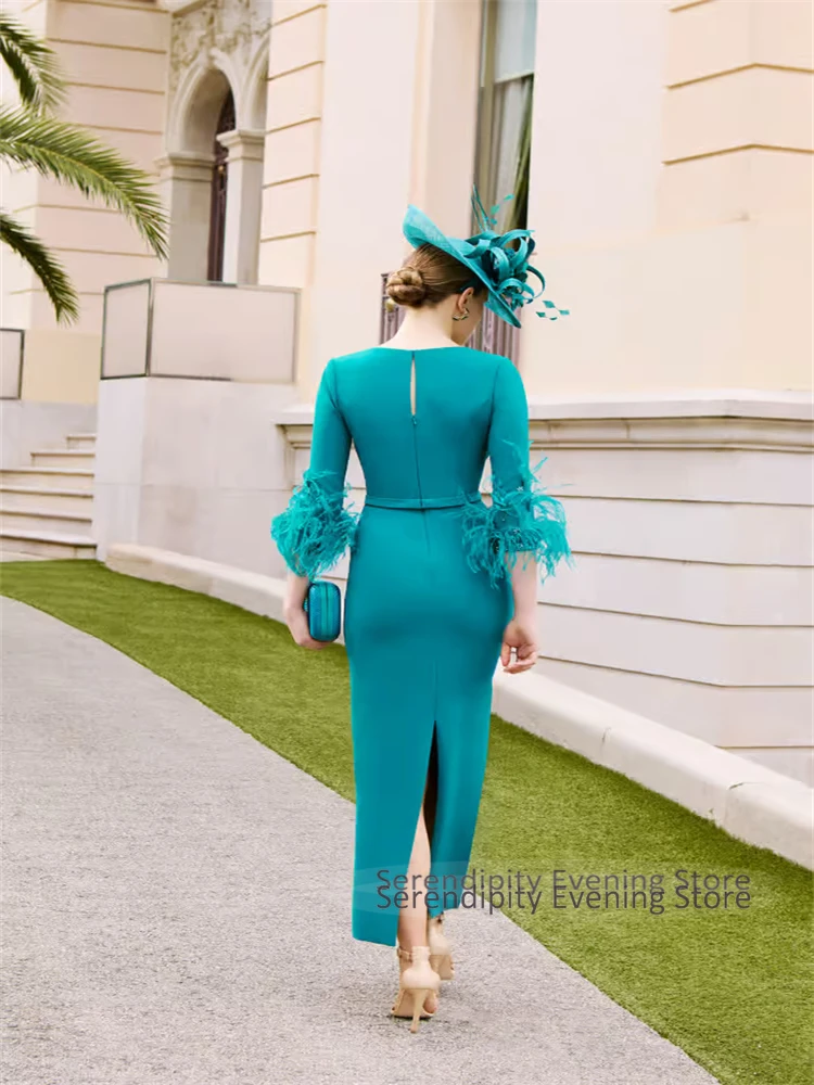Elegant Mother of Bride Dress for Women Feathers Prom Dress for Formal Party Peacock V Neck Tea Length Evening Gowns Midi