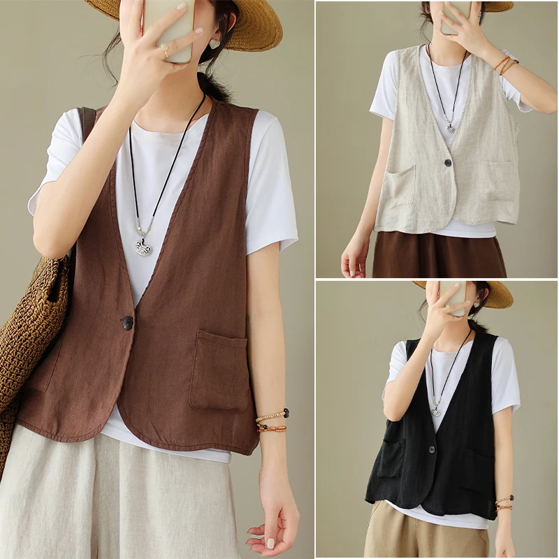 

Retro Artistic Casual Linen Fashion Outerwear Women's Color Short Loose Commuter Vest Summer 2023 Trendy Ethnic Style