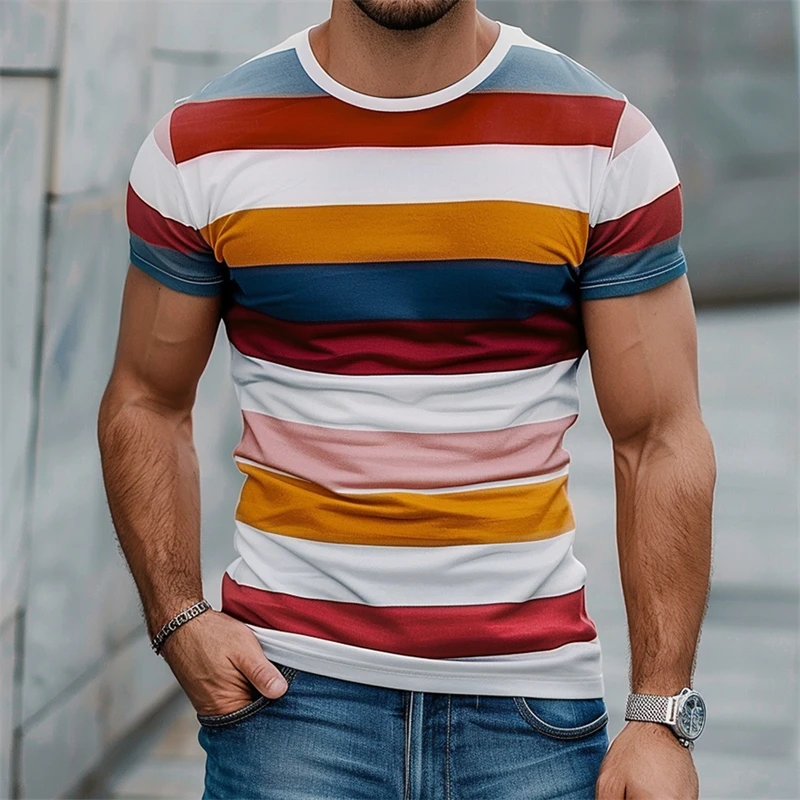 Classic Stripe Style Casual T-shirt Unisex Round Neck Short Sleeve Print Stripes Tshirts Ootd Summer Loose Breathable Colors Top