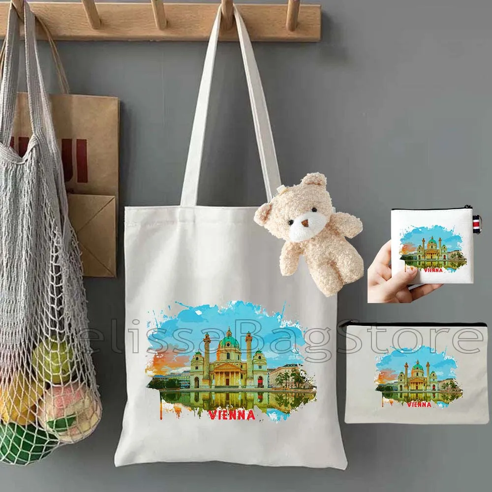 4PCS Gifts Set Vienna Austria White Canvas Tote Bag Handbag with Doll Key Coin Purse Cosmetic Makeup Toilet Bag Case Pouch
